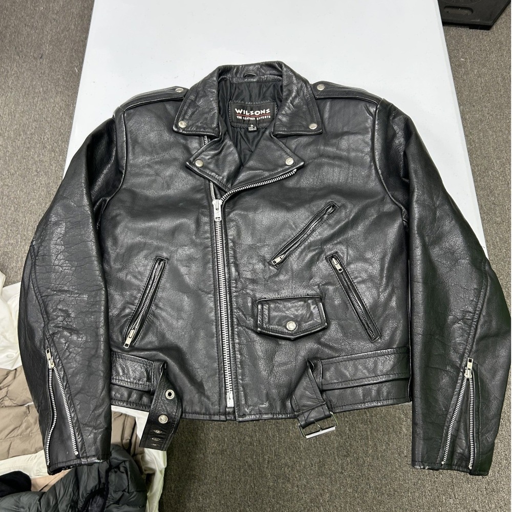Wilsons Leather Biker Jacket Mens Size M Black Asymmetrical Zip Belted Moto